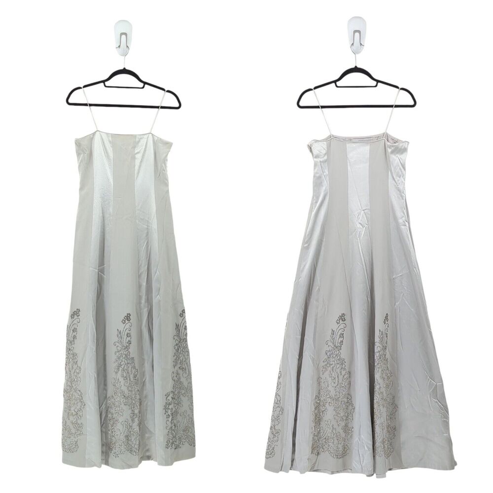 Rickie Freeman T J Nites Women 4 Silk Gown Dress Gray Floral Beading Evening VTG